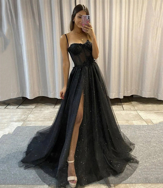 Black Sweetheart Neck Tulle Long Prom Dress,Black Tulle Prom Dresses,Sparkle Sweetheart Prom Gowns