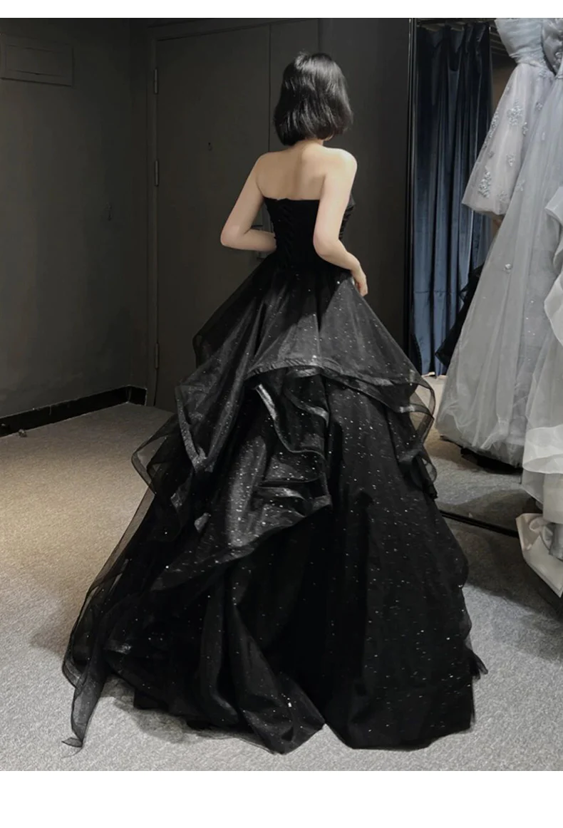 Black Sweetheart Tulle Long Prom Gowns, Black Prom Dress