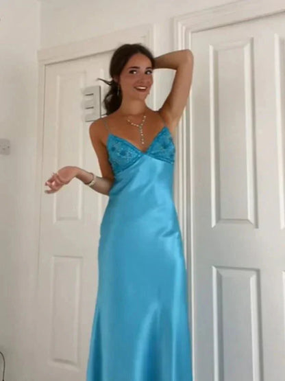 Blue Beaded Sequined Long Prom Gowns Prom Dress