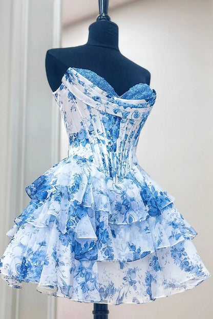 Modest Floral Short Homecoming Dress Chiffon Cocktail Dresses Parties