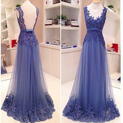 Blue Lace Open Back A-line Elegant Vintage Formal Evening Gown Prom Dress