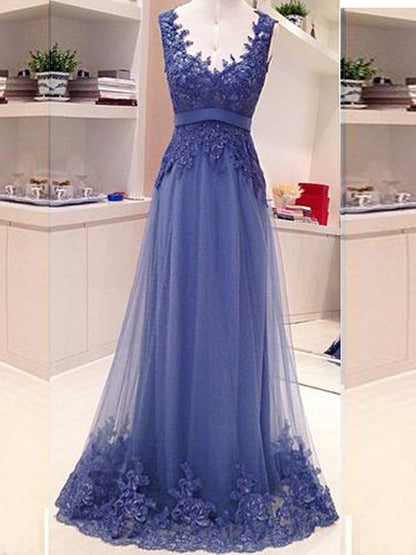 Blue Lace Open Back A-line Elegant Vintage Formal Evening Gown Prom Dress