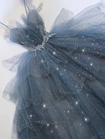 Blue Gorgeous Shiny Elegant Applique Long Tulle Ball Gowns Prom Gowns Graduation Dresses
