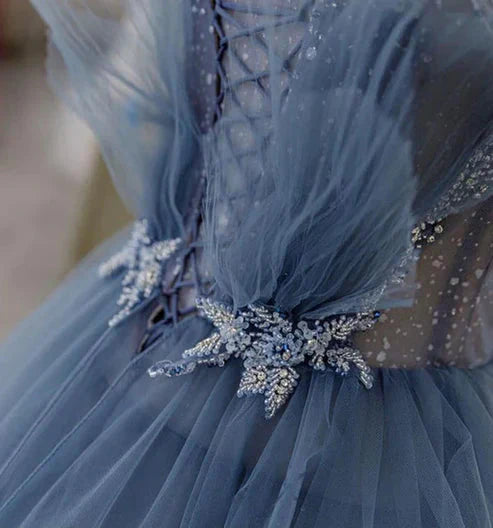 Blue Gorgeous Shiny Elegant Applique Long Tulle Ball Gowns Prom Gowns Graduation Dresses