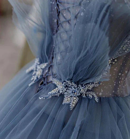 Blue Gorgeous Shiny Elegant Applique Long Tulle Ball Gowns Prom Gowns Graduation Dresses
