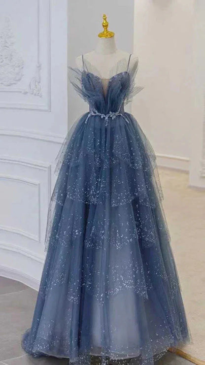 Blue Gorgeous Shiny Elegant Applique Long Tulle Ball Gowns Prom Gowns Graduation Dresses