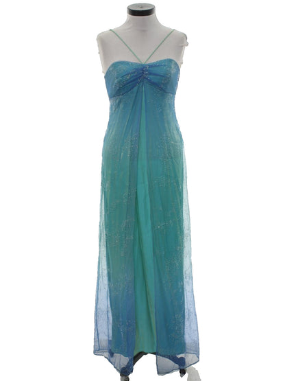 Blue Shiny Fashion Gradient Spray Gold Retro Elegant Sling Long Tulle Ball Gowns Prom Dress