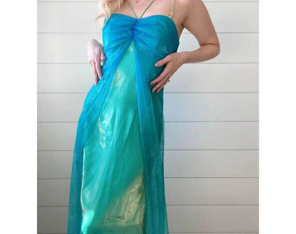 Blue Shiny Fashion Gradient Spray Gold Retro Elegant Sling Long Tulle Ball Gowns Prom Dress