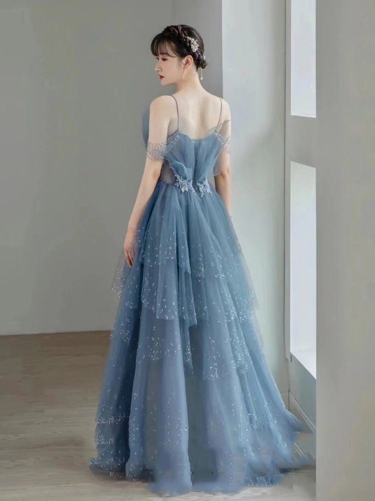 Blue Gorgeous Tulle Beaded Long A-Line Ball Gowns Prom Dresses