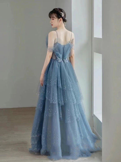 Blue Gorgeous Tulle Beaded Long A-Line Ball Gowns Prom Dresses