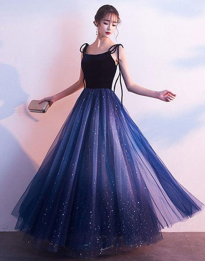 Blue Tulle With Velvet Straps Long Prom Dresses, Gorgeous Prom Gowns