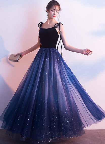 Blue Tulle With Velvet Straps Long Prom Dresses, Gorgeous Prom Gowns