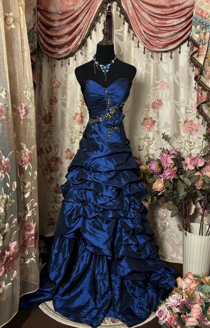 Blue Vintage Rhinestone Embellished Elegant Long Pleated Ball Gowns Prom Dresses