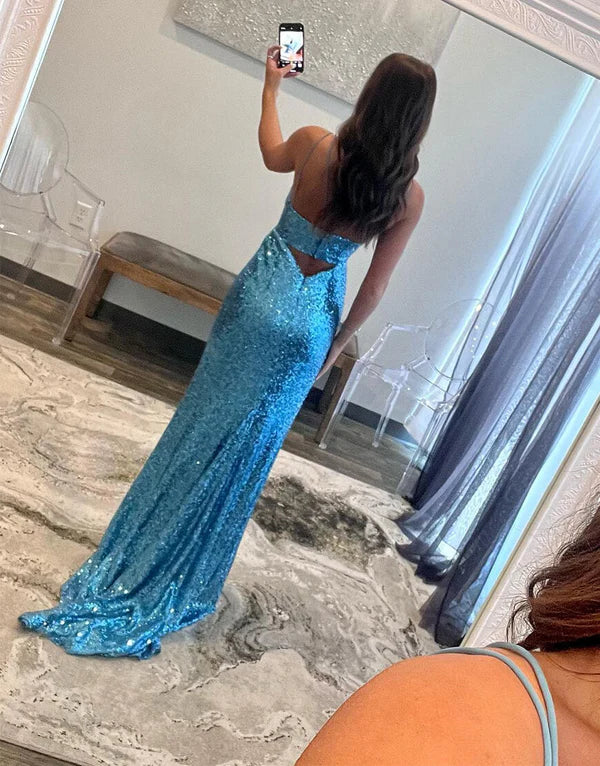 omberprom Elegant Sheath Evening Dress Spaghetti Strap Sequin Prom Dress with Slit