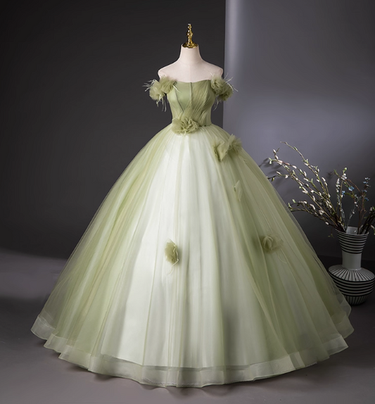 Bohemian Green Strapless Feather Floral Tulle Ball Gown Evening Dresses Sweet 16 Dresses