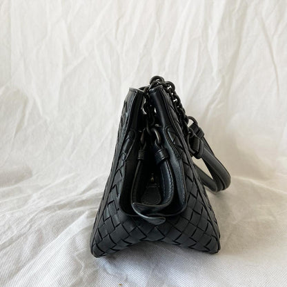 Bottega Veneta Black Intrecciato Leather Mini Roma Shoulder Bag