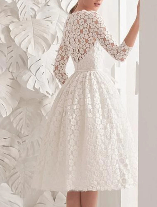 omberprom Reception Little Dresses Wedding Dresses A-Line Scoop Neck 3/4 Length Sleeve Knee Length Lace Bridal Gowns With Sashes / Ribbons Appliques