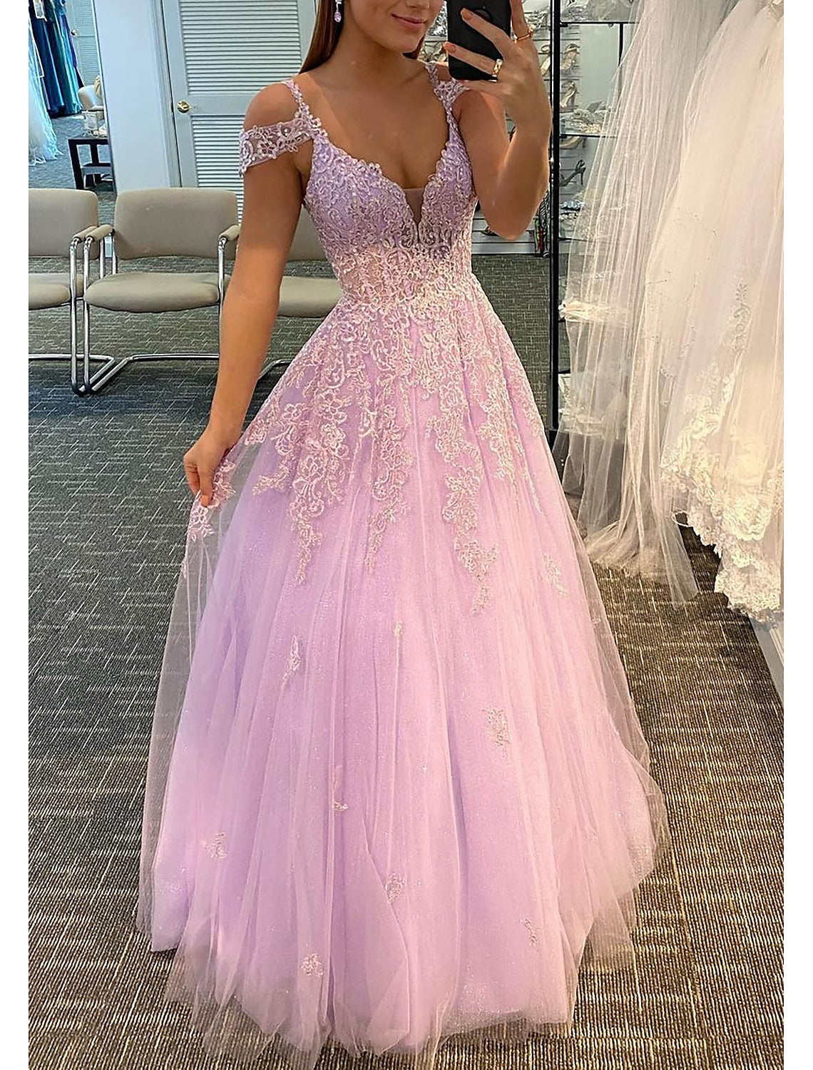 omberprom A-Line Prom Dresses Dress For Formal Dresses Gowns Evening Dresses Wedding Guest Floor Length Sleeveless V Neck Tulle Backless with Pleats Appliques