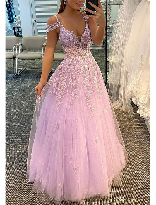 omberprom A-Line Prom Dresses Dress For Formal Dresses Gowns Evening Dresses Wedding Guest Floor Length Sleeveless V Neck Tulle Backless with Pleats Appliques