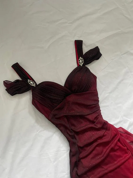 Burgundy A Line Shiny Long Prom Dresses Ruffled Prom Gowns