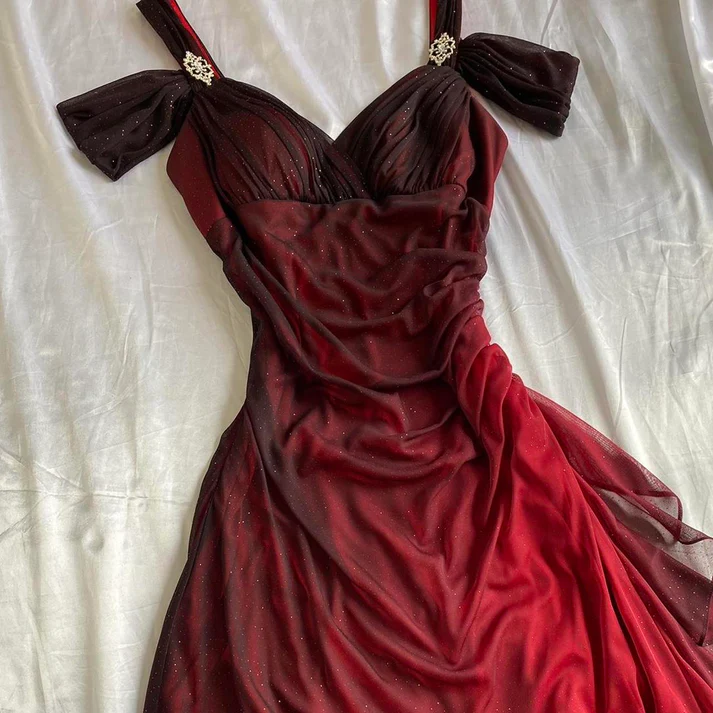 Burgundy A Line Shiny Long Prom Dresses Ruffled Prom Gowns