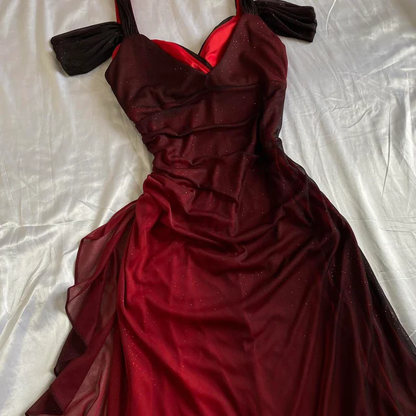 Burgundy A Line Shiny Long Prom Dresses Ruffled Prom Gowns