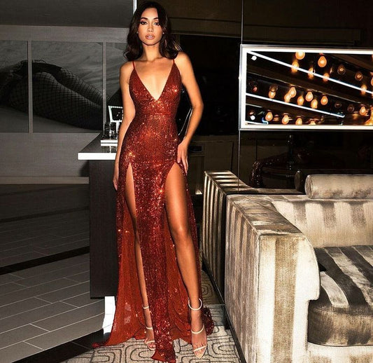 Burgundy Shiny Sequins V-Neck Long Elegant Sexy Backless Sleeveless Front Slit Ball Gowns Prom Dress