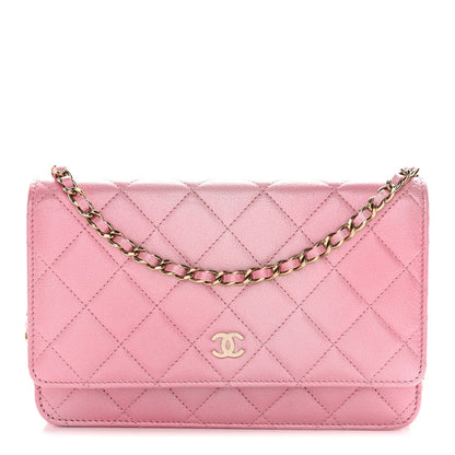 Iridescent Calfskin Quilted Wallet On Chain WOC Rose Pink