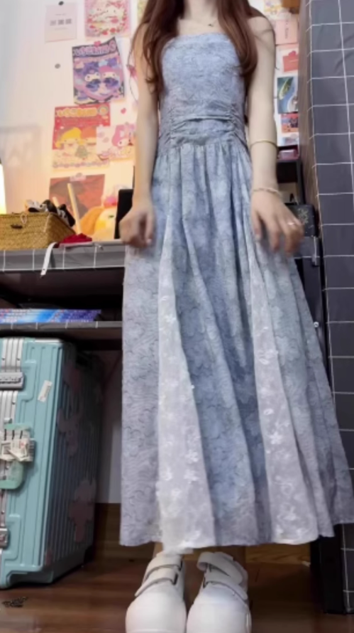 Blue lace tube top dress 2025 new beautiful waist a-line long skirt R0675