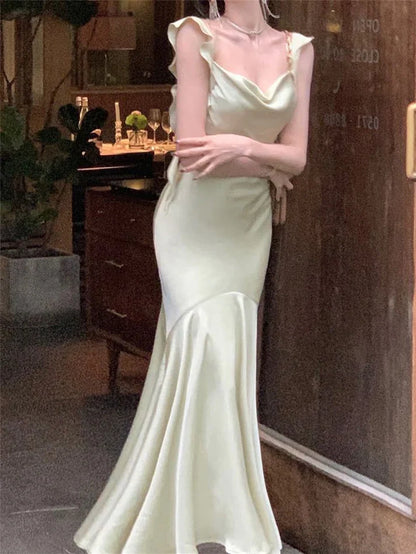 Vintage Sage Green Ruffle Mermaid Satin Long Prom Dress Party Dress Evening Dress TP4495