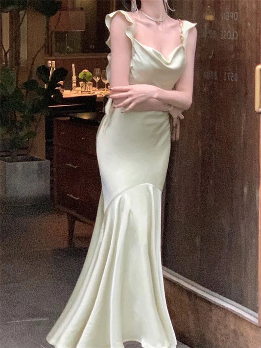 Vintage Sage Green Ruffle Mermaid Satin Long Prom Dress Party Dress Evening Dress TP4495