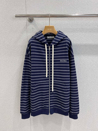 Miumiu 25FW Striped Zipper Hooded Sweatshirt Jacket Blue Cotton