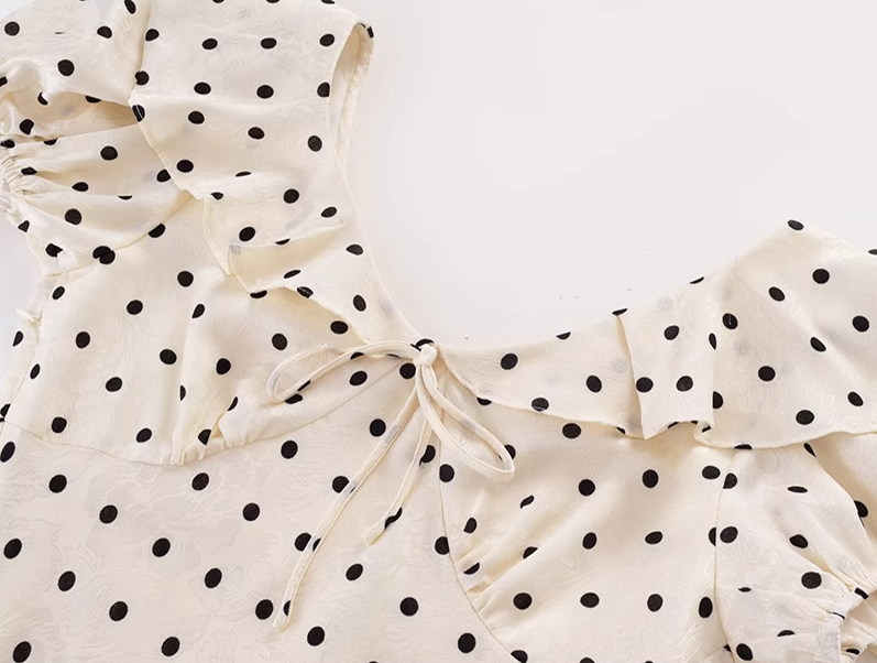 2025 Summer New French Gentle Style Polka Dot Puff Sleeves Ruffled V-Neck Dress R0912