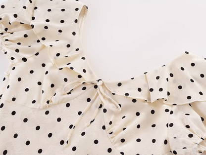 2025 Summer New French Gentle Style Polka Dot Puff Sleeves Ruffled V-Neck Dress R0912