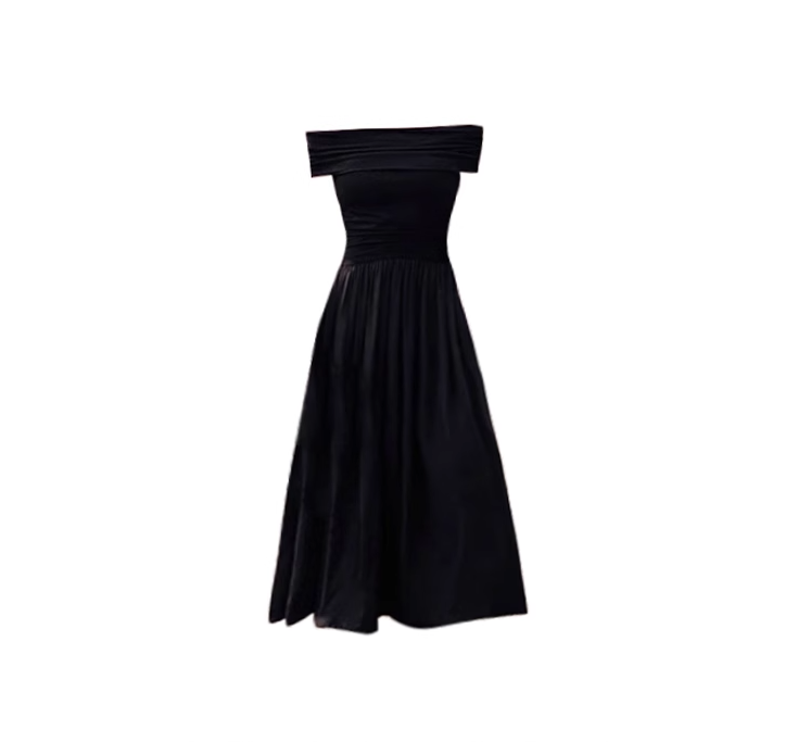 Black one-shoulder dress 2025 new style high-end temperament off-shoulder waist long dress R0128