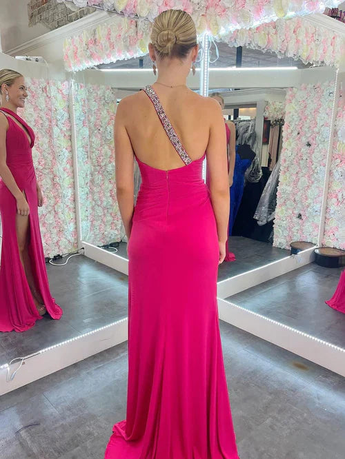 omberprom Fashion Mermaid Evening Dress One Shoulder Pink Cutout Long Prom Dress