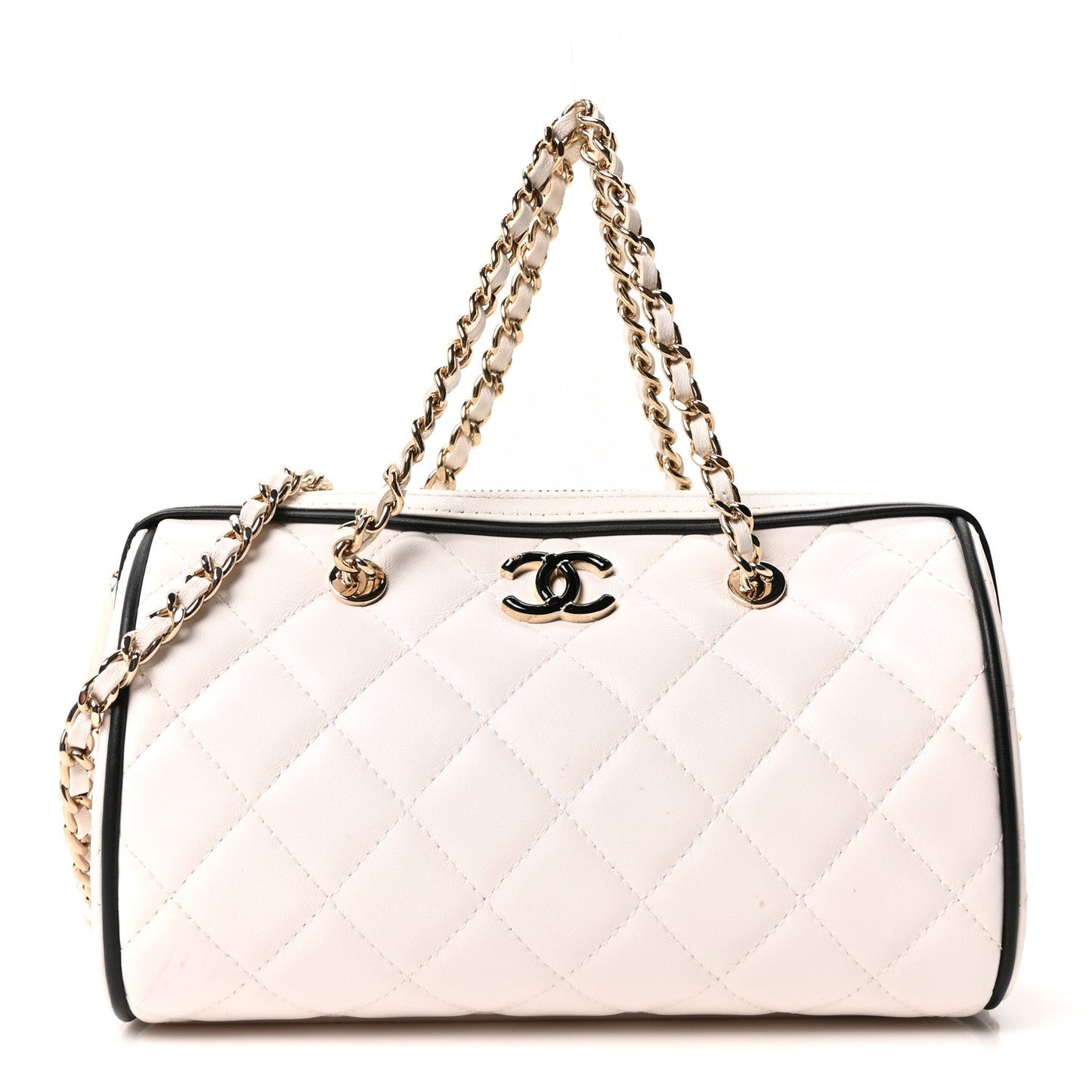 Lambskin Quilted Barrel Clutch With Chain White