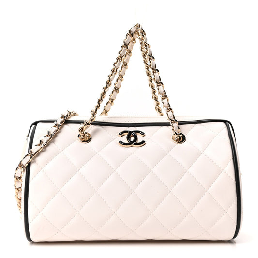 Lambskin Quilted Barrel Clutch With Chain White