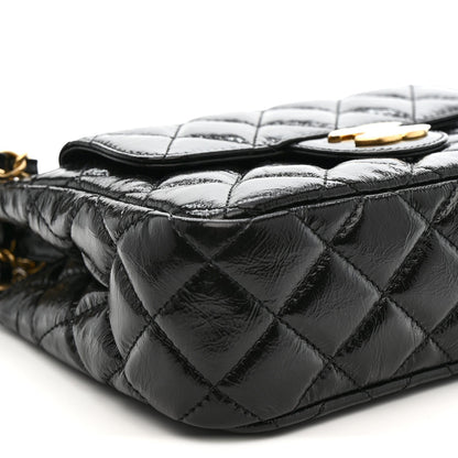 Shiny Crumpled Calfskin Quilted Small Wavy CC Hobo Black