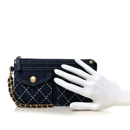 Denim Quilted Zipped Wristlet Clutch Blue