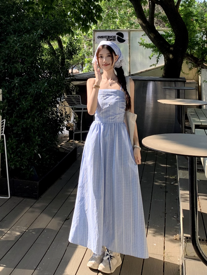 Fairy romantic French blue plaid long skirt tube top temperament design sling dress R1701