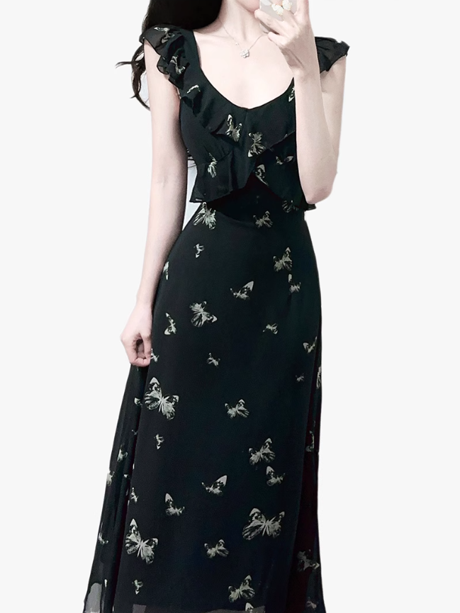 2025 Summer New Black Flying Sleeve Waisted Mid-Length Printed Fishtail Dress R0913