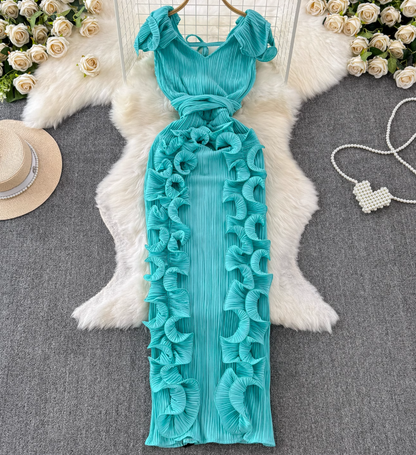 Banquet high-end dress light luxury niche pleated three-dimensional ruffled slim temperament dress R0349