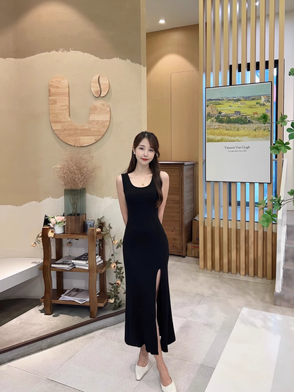 New Fashion Black Sleeveless Elegant Split Spaghetti Strap Dress TP2981