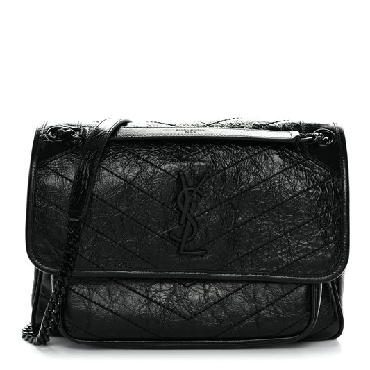 Crinkled Calfskin Matelasse Monogram Medium Niki Chain Satchel Black
