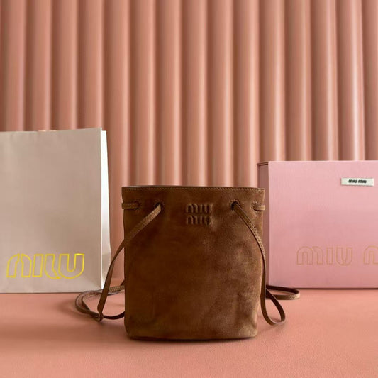 Miu Bucket Bag 14cm Brown Suede
