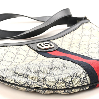 GG Supreme Monogram Textured Dollar Calfskin Web Small Ophidia Half Moon Hobo Beige Blue