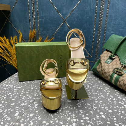 GG HORSEBIT FLATFORM SANDAL METALLIC GOLD CALFSKIN