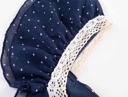 2025 Summer New Navy Retro Polka Dot French Square Neck Short Sleeve Long Dress R0927