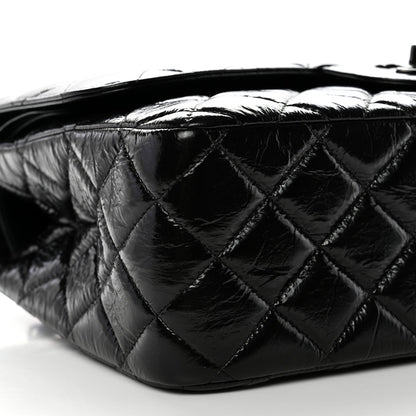 Shiny Distressed Calfskin Quilted Jumbo Double Flap So Black